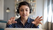 woman talking on headset woman talking on headset